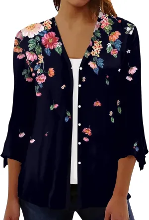 Kimono Cardigans for Women 3/4 Sleeve Button Down Cardigans Floral Printed Casual Loose Open Front Cardigan