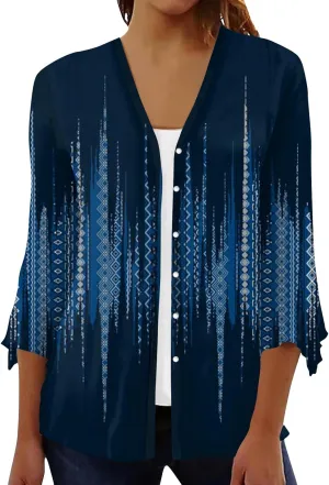 Kimono Cardigans for Women 3/4 Sleeve Button Down Cardigans Floral Printed Casual Loose Open Front Cardigan