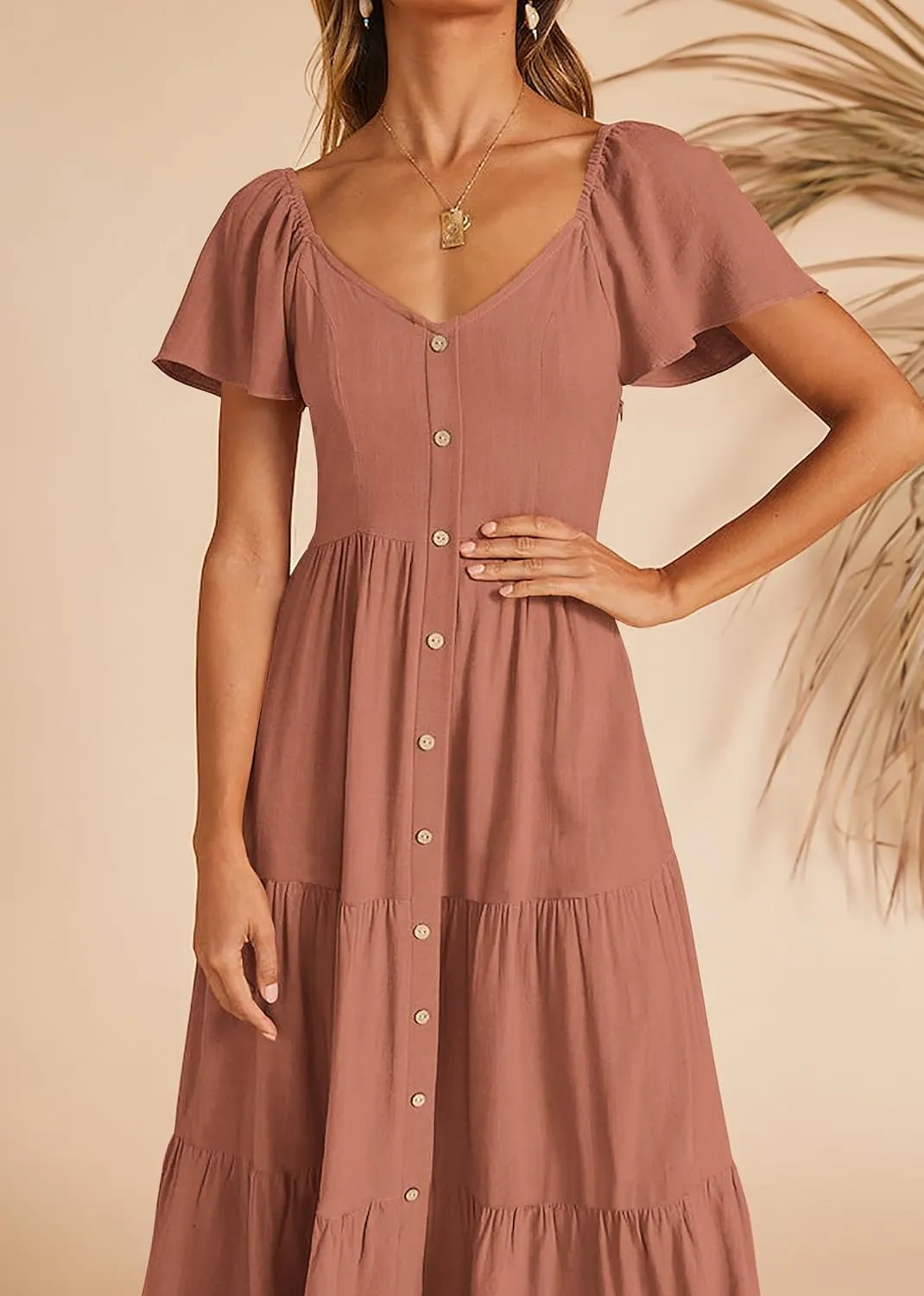 KIRUNDO Women 2025 Spring Summer Casual Linen Short Sleeve Midi Dress Button V Neck Tiered Vacation Sundress with Pockets