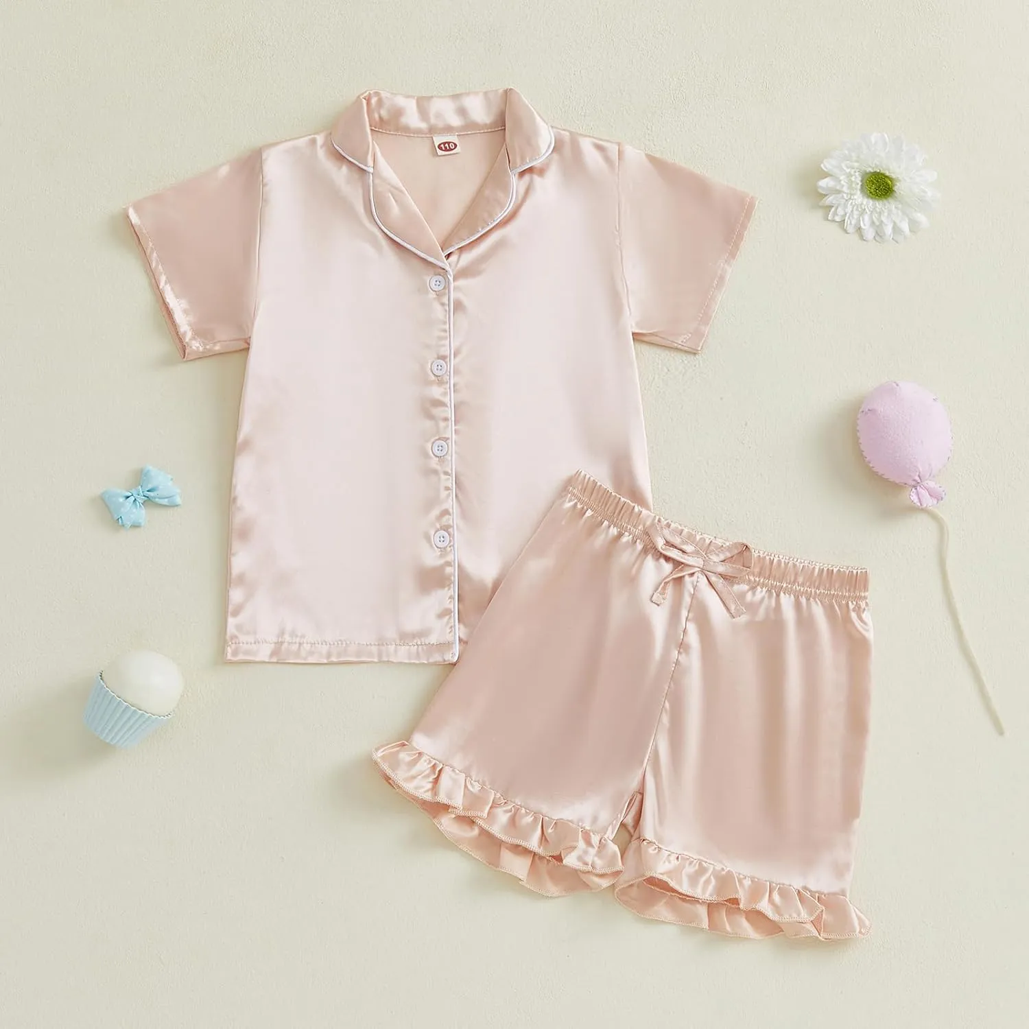Kuriozud Toddler Baby Girl Boy 4th of July Satin Pajamas Kids Summer Pjs Set Short Sleeve Button Down Nightwear Sleepwear