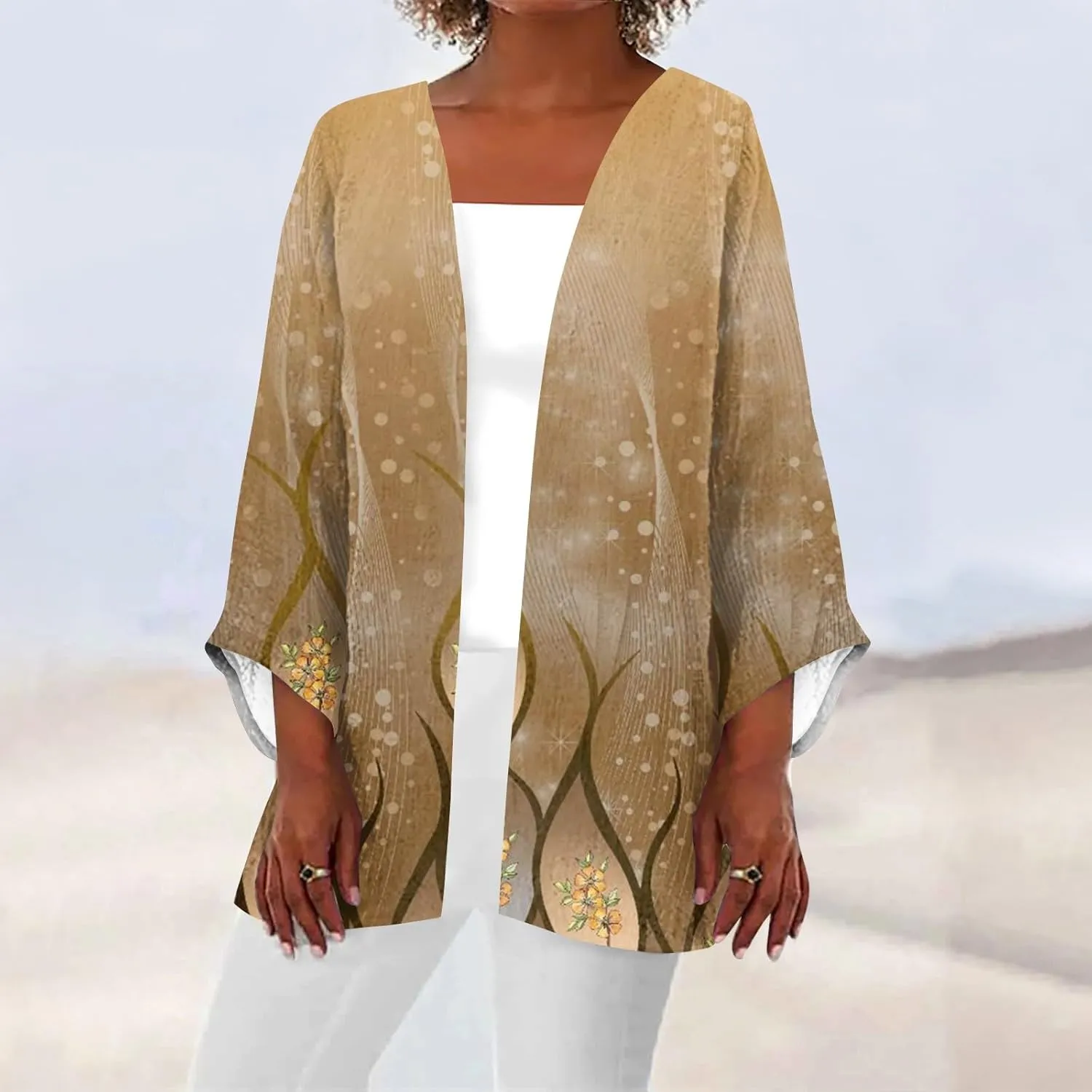Lightweight Cardigans for Women 3/4 Sleeve Trendy Open Front Cardigan Floral Printed Comfy Dressy Cardigans