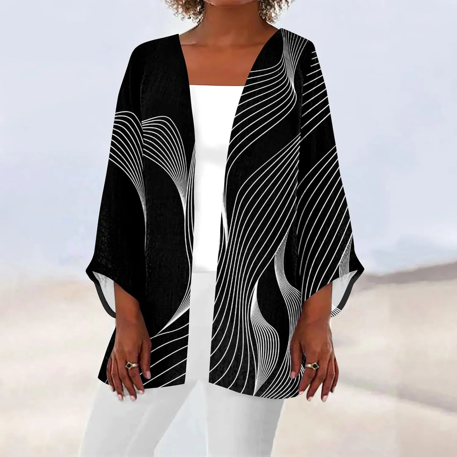 Lightweight Cardigans for Women 3/4 Sleeve Trendy Open Front Cardigan Floral Printed Comfy Dressy Cardigans