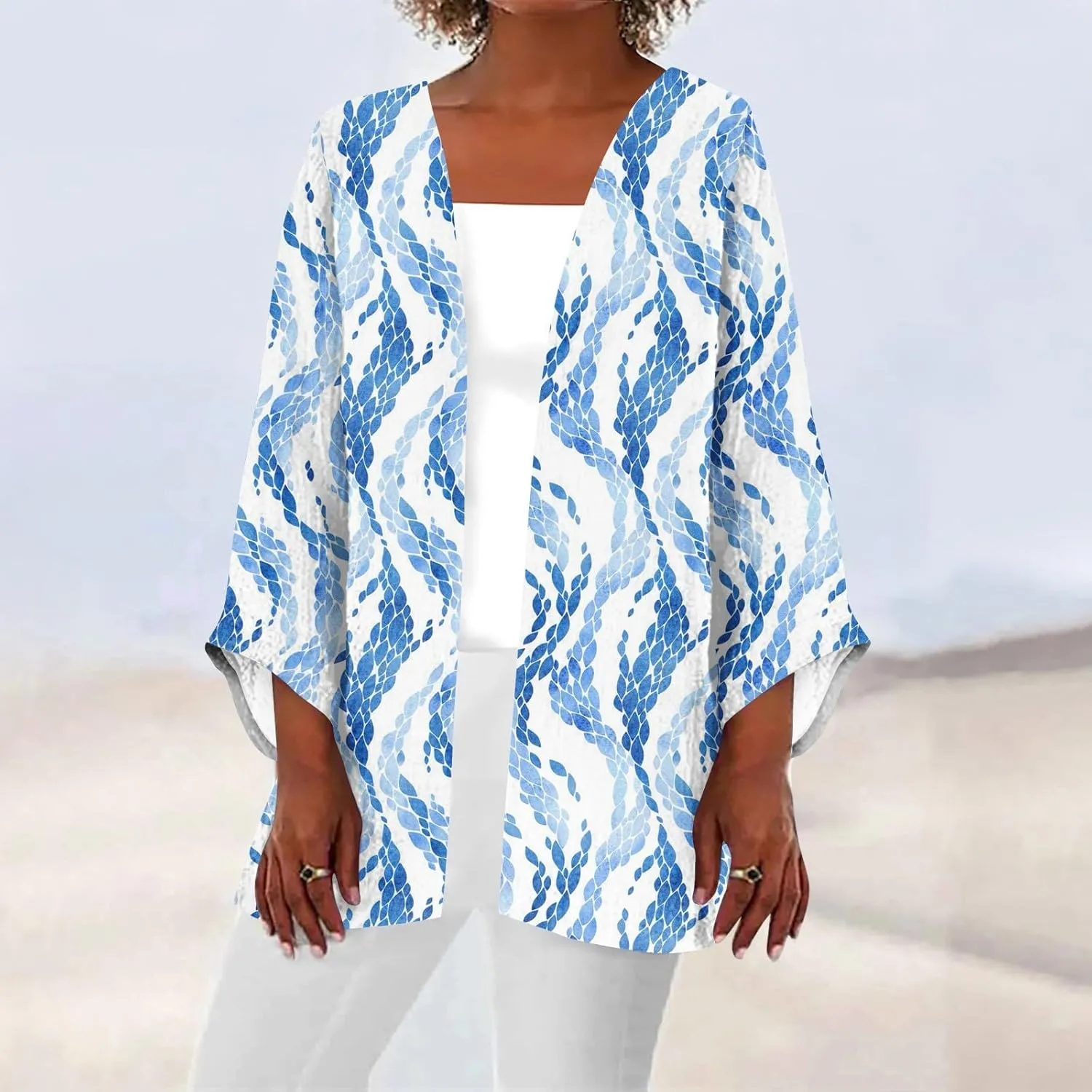 Lightweight Cardigans for Women 3/4 Sleeve Trendy Open Front Cardigan Floral Printed Comfy Dressy Cardigans
