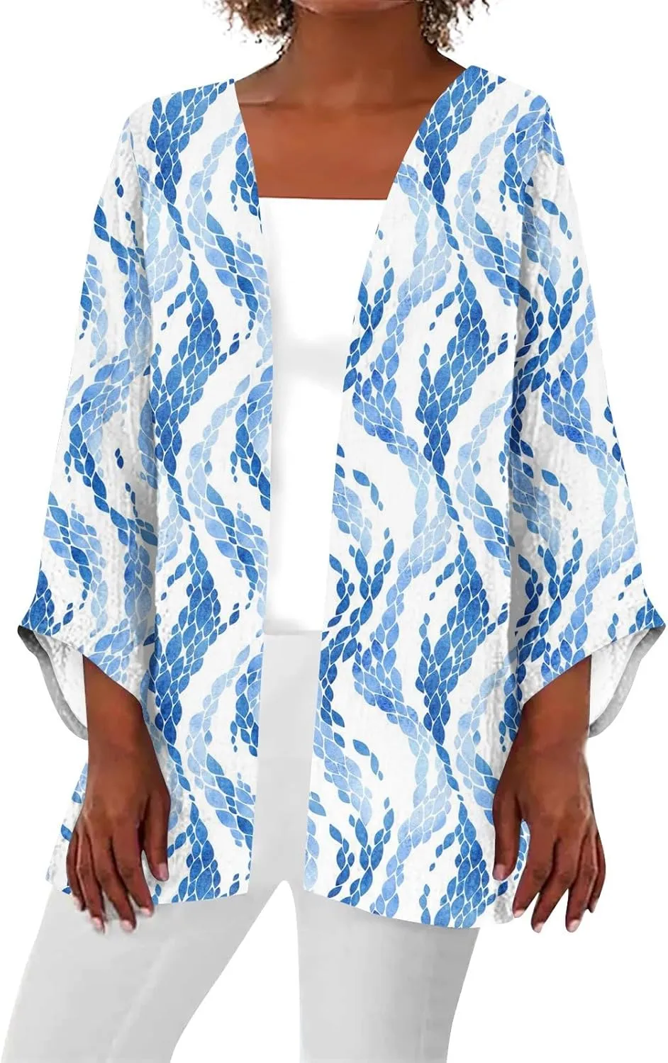 Lightweight Cardigans for Women 3/4 Sleeve Trendy Open Front Cardigan Floral Printed Comfy Dressy Cardigans