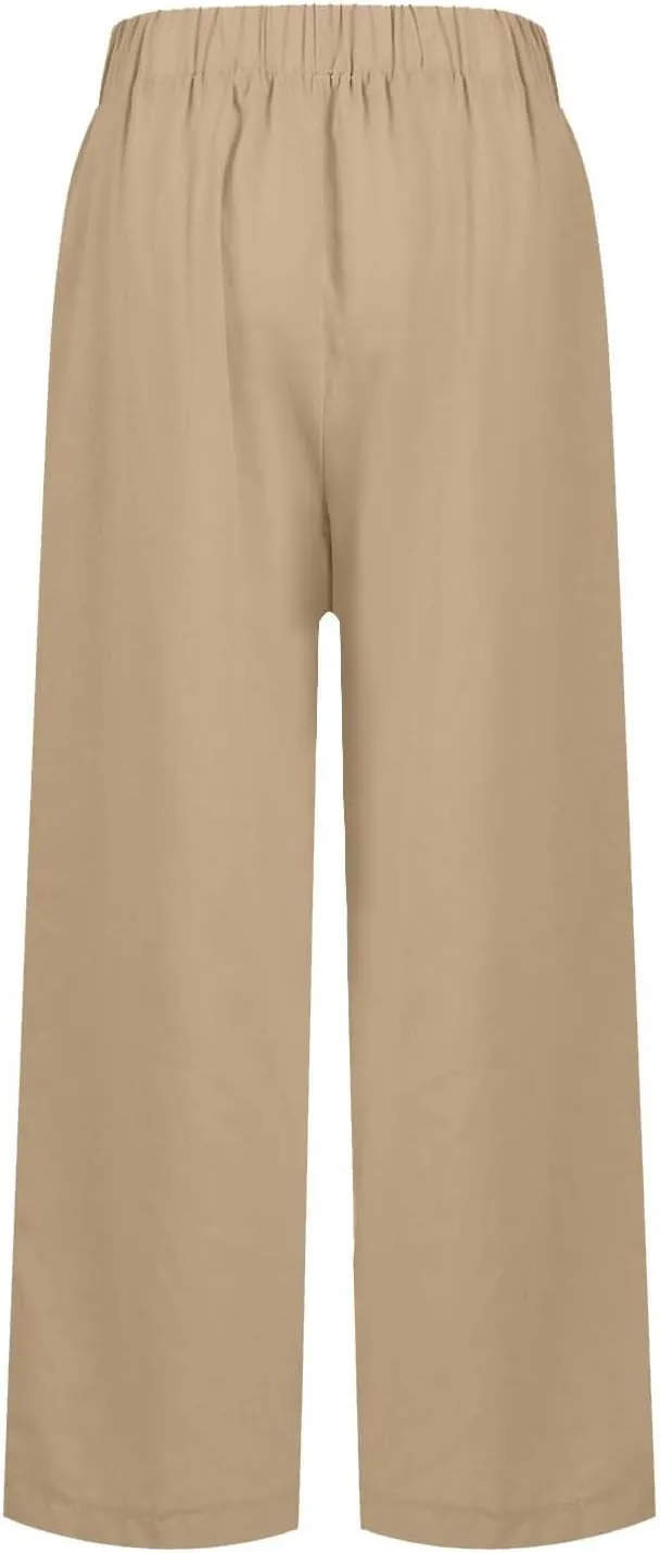Lightweight Summer Pants Women Elastic Waist Linen Wide Leg Crop Pants Straight Leg Plus Size Capri Pants with Pocket