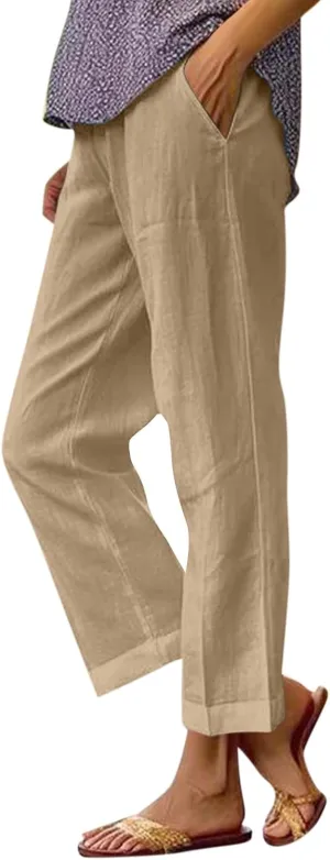 Lightweight Summer Pants Women Elastic Waist Linen Wide Leg Crop Pants Straight Leg Plus Size Capri Pants with Pocket
