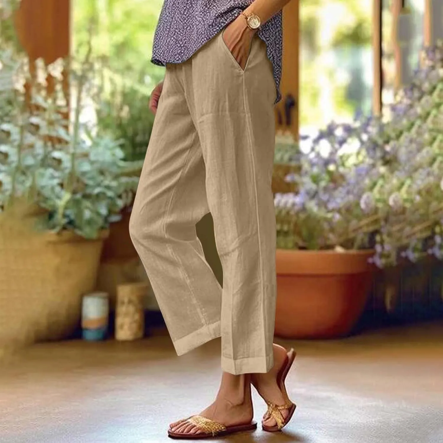 Lightweight Summer Pants Women Elastic Waist Linen Wide Leg Crop Pants Straight Leg Plus Size Capri Pants with Pocket