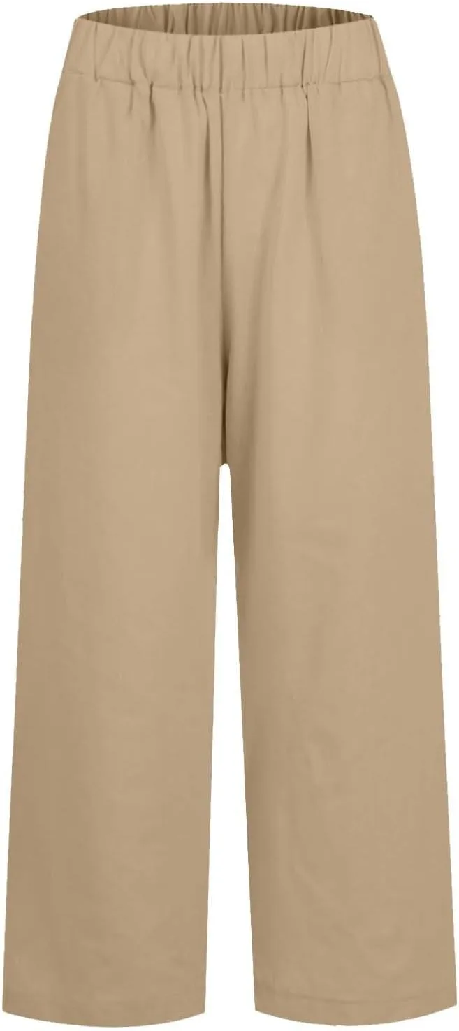 Lightweight Summer Pants Women Elastic Waist Linen Wide Leg Crop Pants Straight Leg Plus Size Capri Pants with Pocket