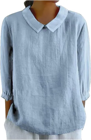 Linen Button Down Shirt Women Shirts Summer Loose Crew Neck Casual Boho Top Vintage Embroidered Blouse Tops Casual