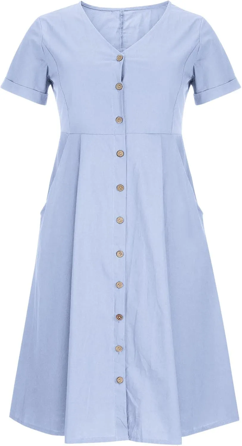Linen Cotton Dress Women V Neck Button Down Short Sleeve Midi Dress with Pockets Beach Sundress Vacation Dresses