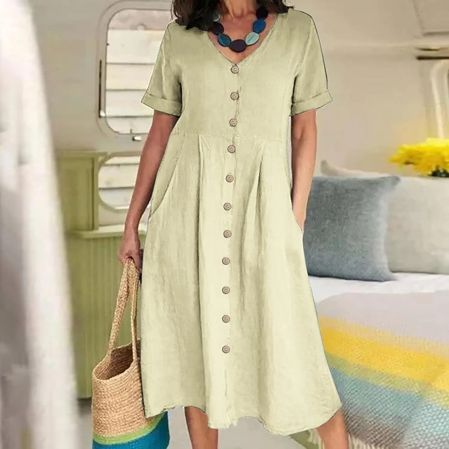 Linen Cotton Dress Women V Neck Button Down Short Sleeve Midi Dress with Pockets Beach Sundress Vacation Dresses