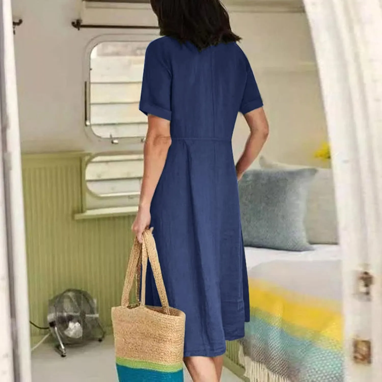 Linen Cotton Dress Women V Neck Button Down Short Sleeve Midi Dress with Pockets Beach Sundress Vacation Dresses