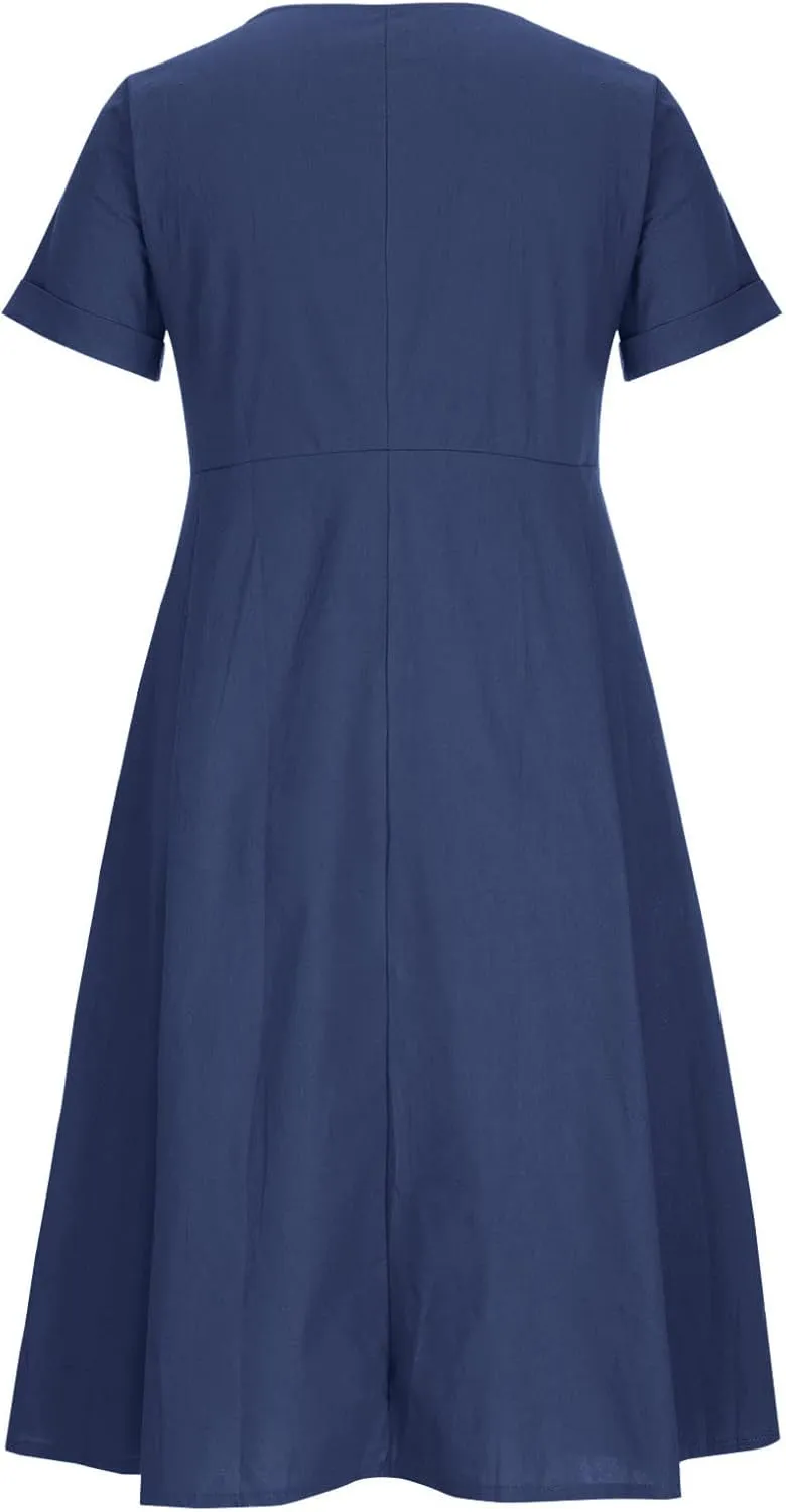 Linen Cotton Dress Women V Neck Button Down Short Sleeve Midi Dress with Pockets Beach Sundress Vacation Dresses