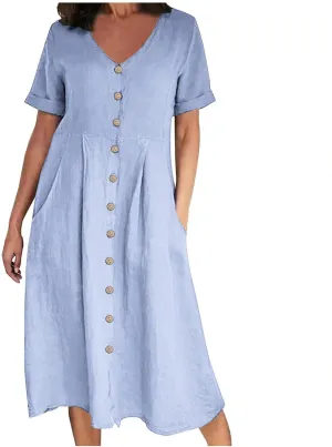 Linen Cotton Dress Women V Neck Button Down Short Sleeve Midi Dress with Pockets Beach Sundress Vacation Dresses