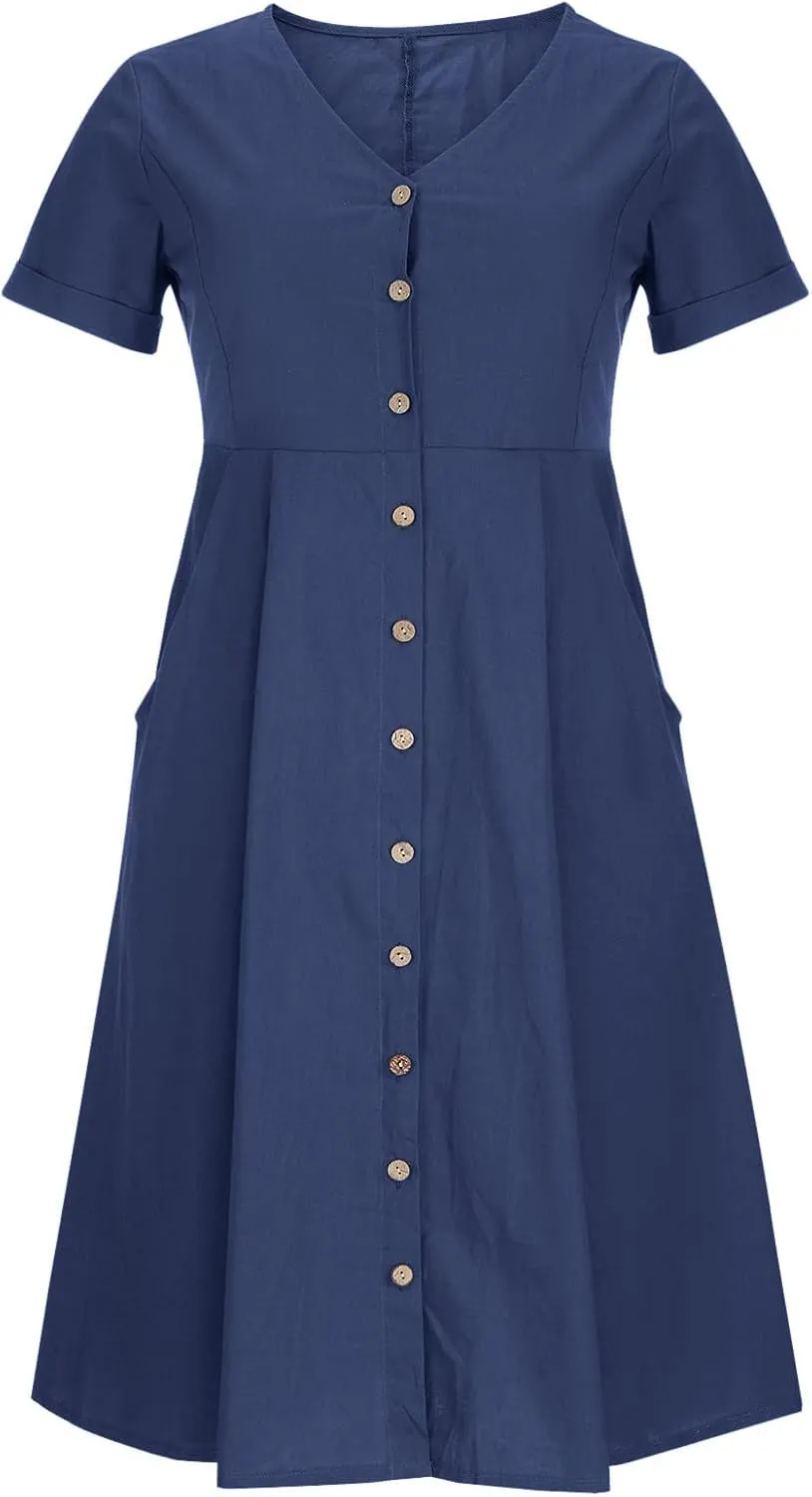 Linen Cotton Dress Women V Neck Button Down Short Sleeve Midi Dress with Pockets Beach Sundress Vacation Dresses
