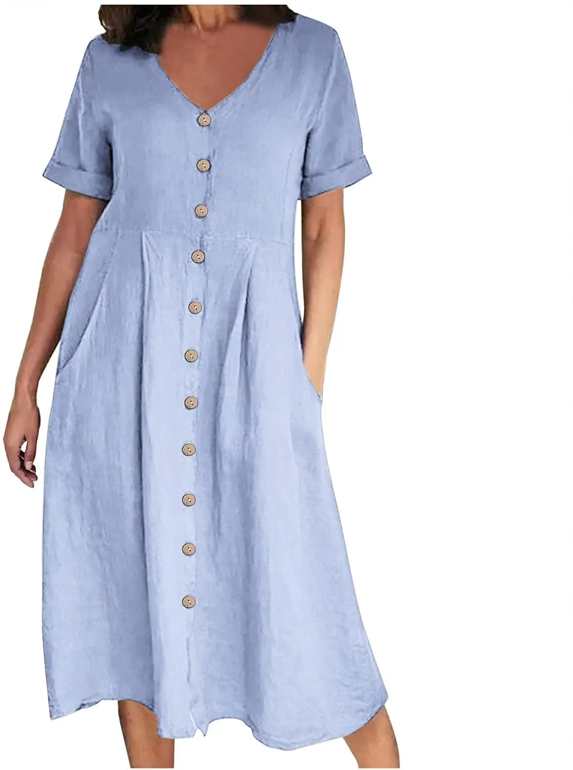 Linen Cotton Dress Women V Neck Button Down Short Sleeve Midi Dress with Pockets Beach Sundress Vacation Dresses