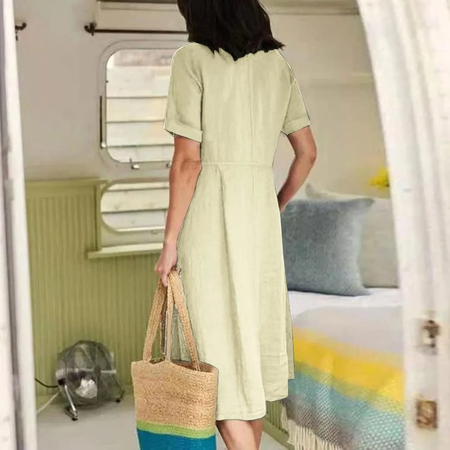 Linen Cotton Dress Women V Neck Button Down Short Sleeve Midi Dress with Pockets Beach Sundress Vacation Dresses