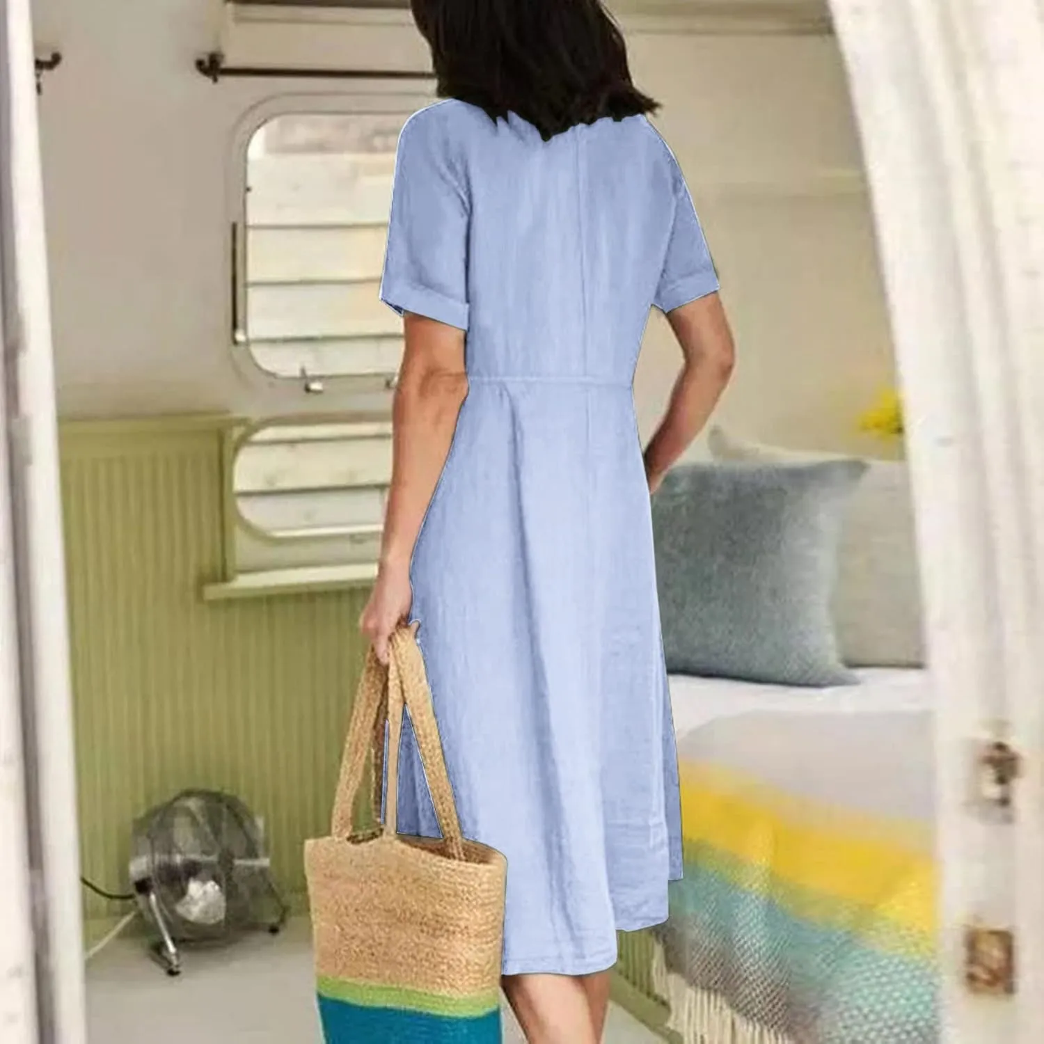 Linen Cotton Dress Women V Neck Button Down Short Sleeve Midi Dress with Pockets Beach Sundress Vacation Dresses
