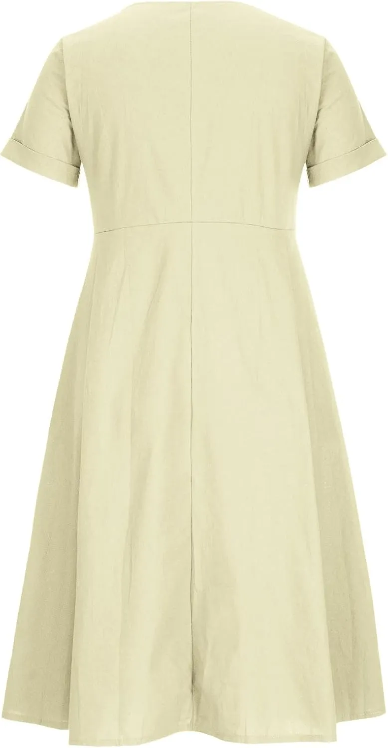 Linen Cotton Dress Women V Neck Button Down Short Sleeve Midi Dress with Pockets Beach Sundress Vacation Dresses