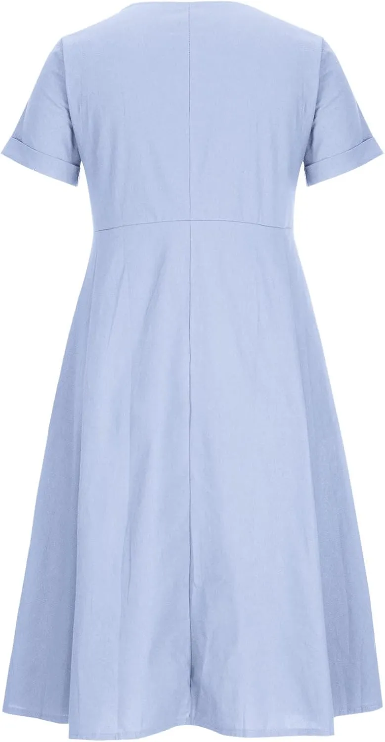 Linen Cotton Dress Women V Neck Button Down Short Sleeve Midi Dress with Pockets Beach Sundress Vacation Dresses