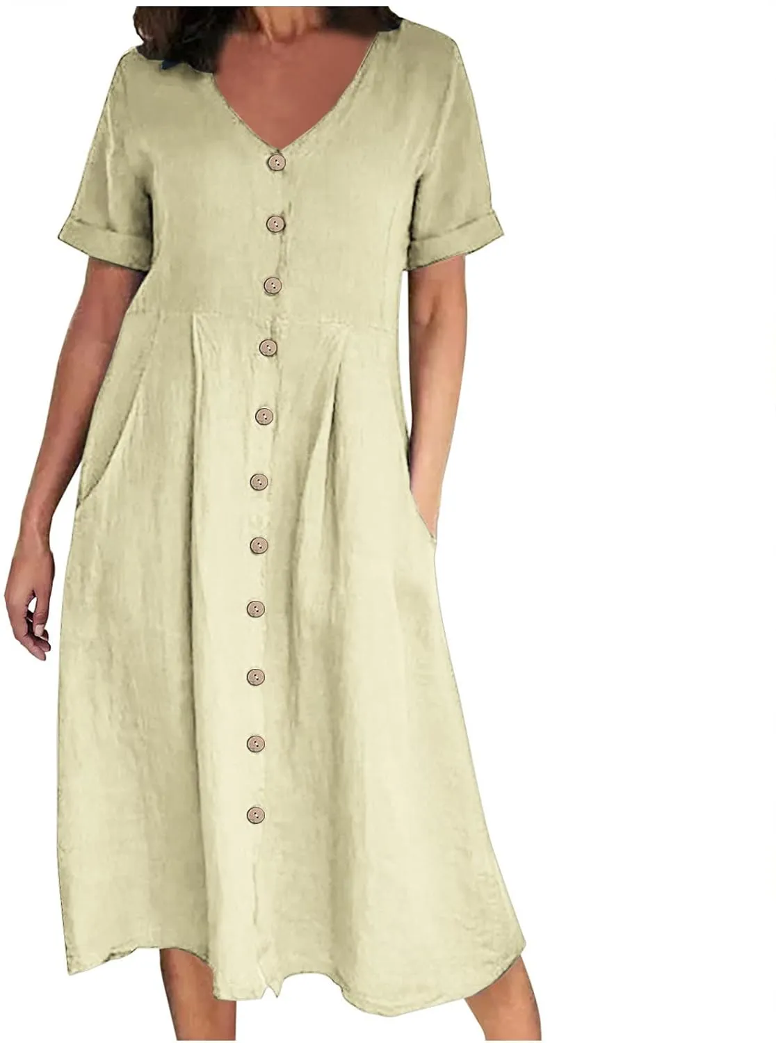 Linen Cotton Dress Women V Neck Button Down Short Sleeve Midi Dress with Pockets Beach Sundress Vacation Dresses