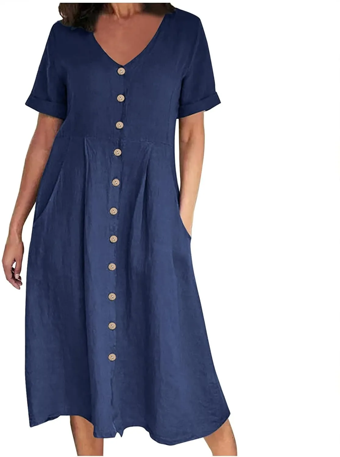 Linen Cotton Dress Women V Neck Button Down Short Sleeve Midi Dress with Pockets Beach Sundress Vacation Dresses