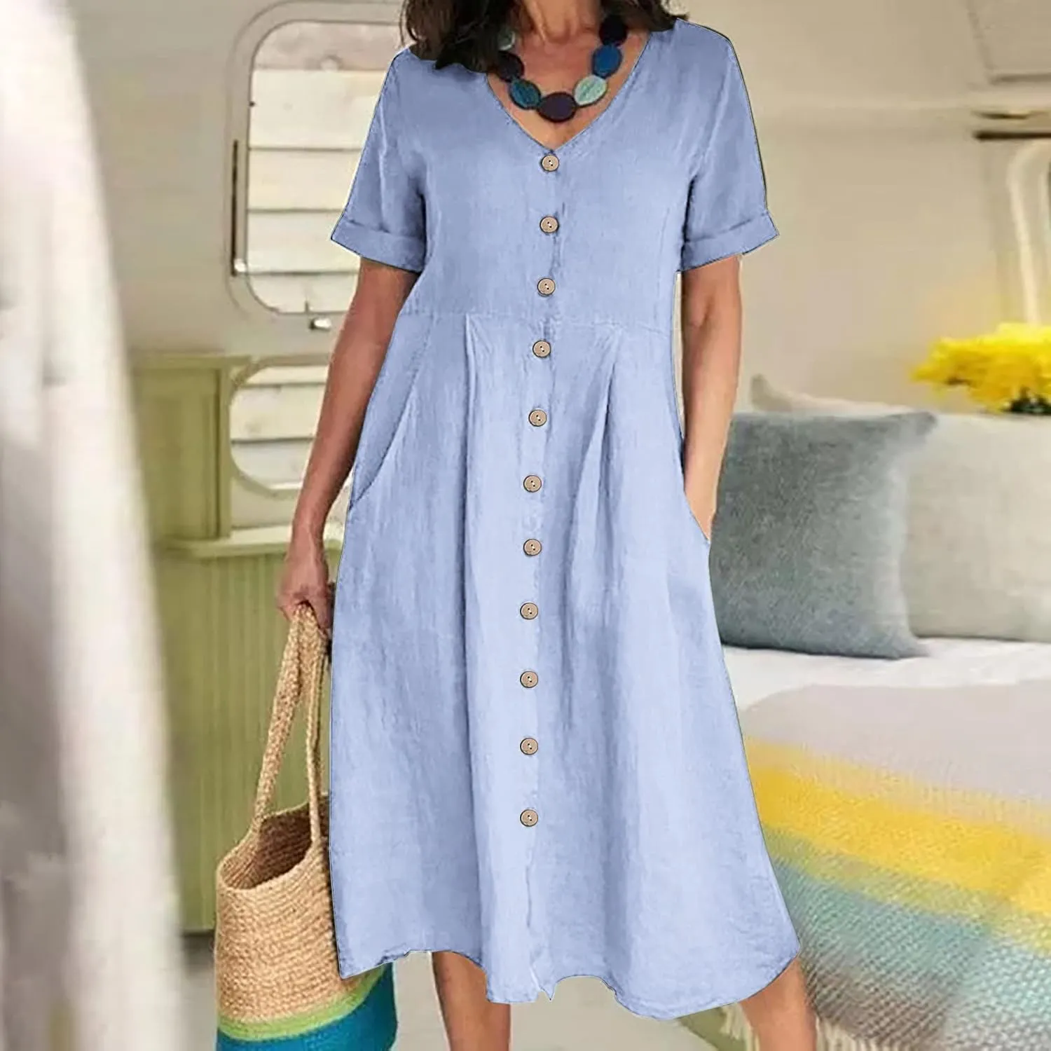 Linen Cotton Dress Women V Neck Button Down Short Sleeve Midi Dress with Pockets Beach Sundress Vacation Dresses