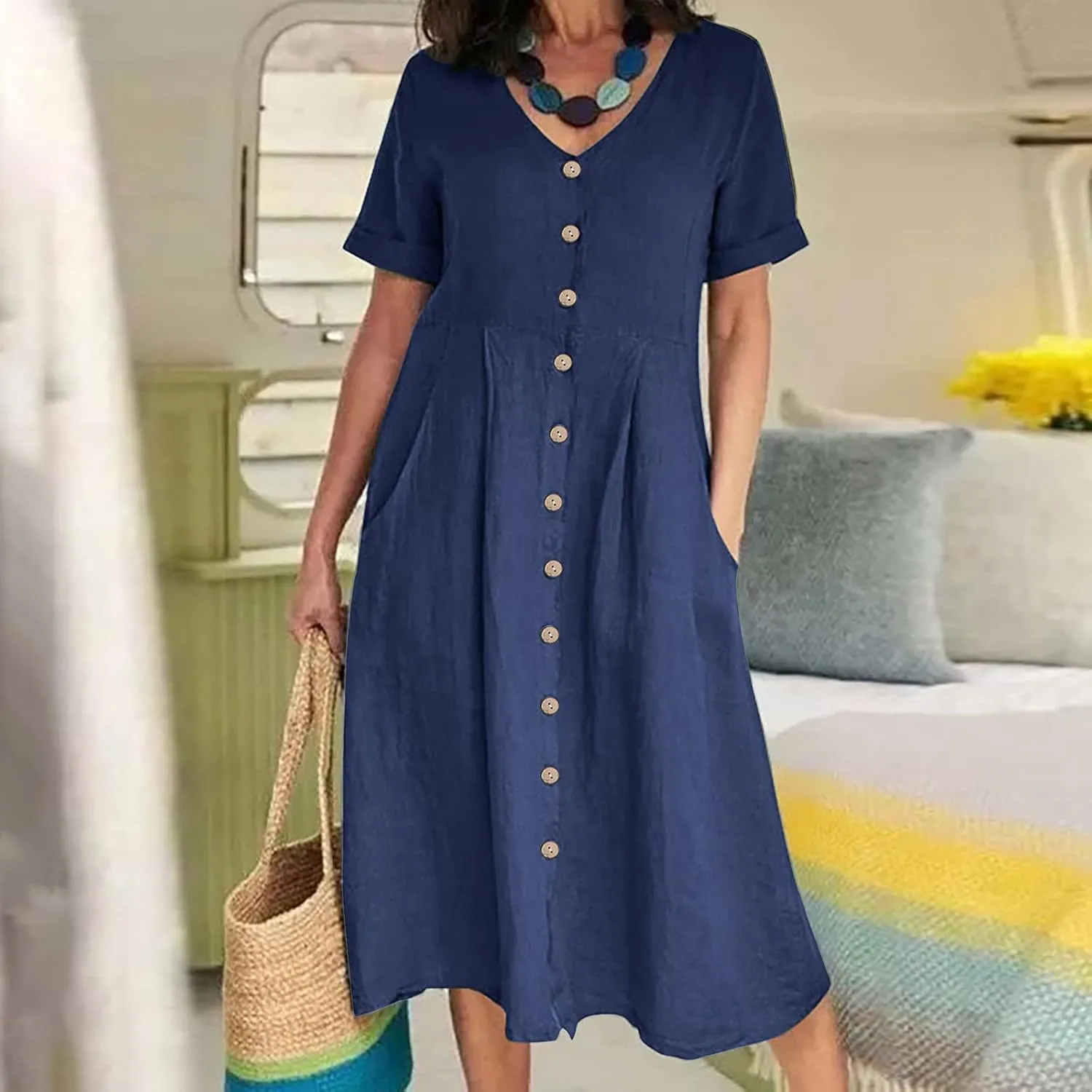 Linen Cotton Dress Women V Neck Button Down Short Sleeve Midi Dress with Pockets Beach Sundress Vacation Dresses