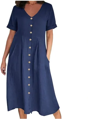 Linen Cotton Dress Women V Neck Button Down Short Sleeve Midi Dress with Pockets Beach Sundress Vacation Dresses