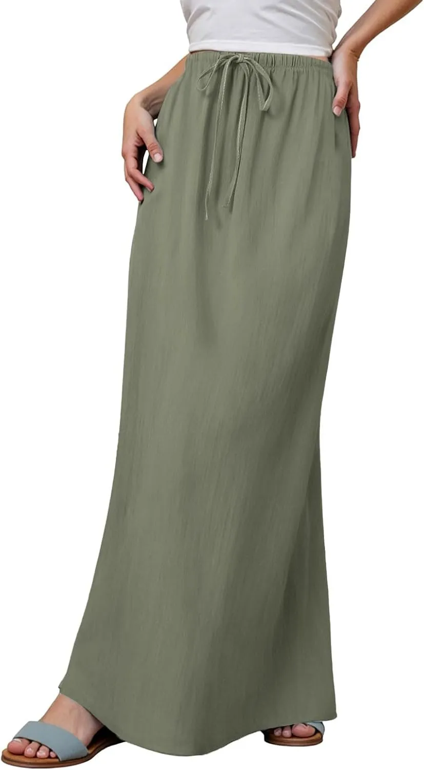 Linen Maxi Skirt Drawstring Waist A Line Long Flowy Skirts Floor Length Trendy Boho Comfy Summer Beach Vacation