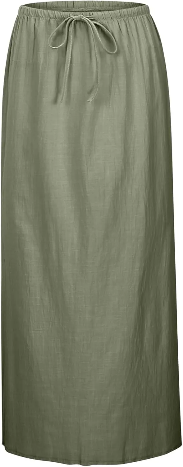 Linen Maxi Skirt Drawstring Waist A Line Long Flowy Skirts Floor Length Trendy Boho Comfy Summer Beach Vacation