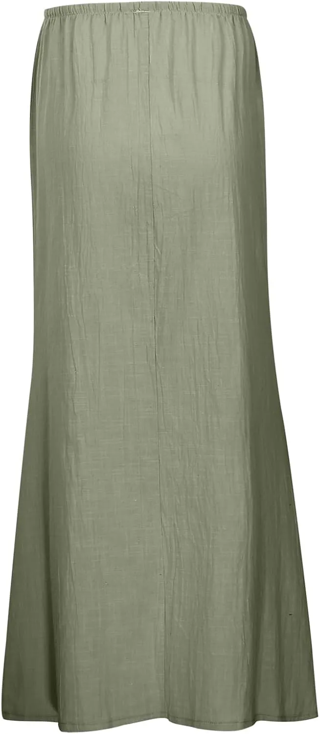 Linen Maxi Skirt Drawstring Waist A Line Long Flowy Skirts Floor Length Trendy Boho Comfy Summer Beach Vacation