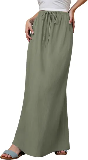 Linen Maxi Skirt Drawstring Waist A Line Long Flowy Skirts Floor Length Trendy Boho Comfy Summer Beach Vacation