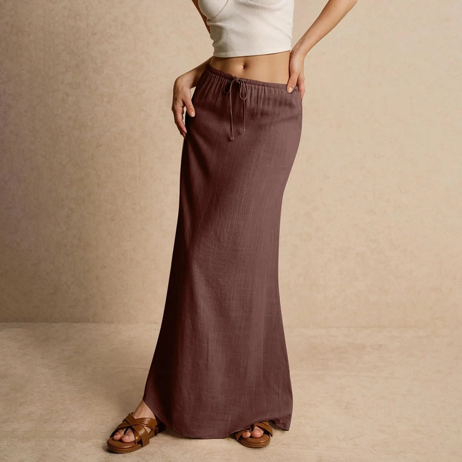 Linen Maxi Skirts for Women Trendy Summer Casual Low Waisted Drawstring A Line Skirt Boho Long Flowy Skirts