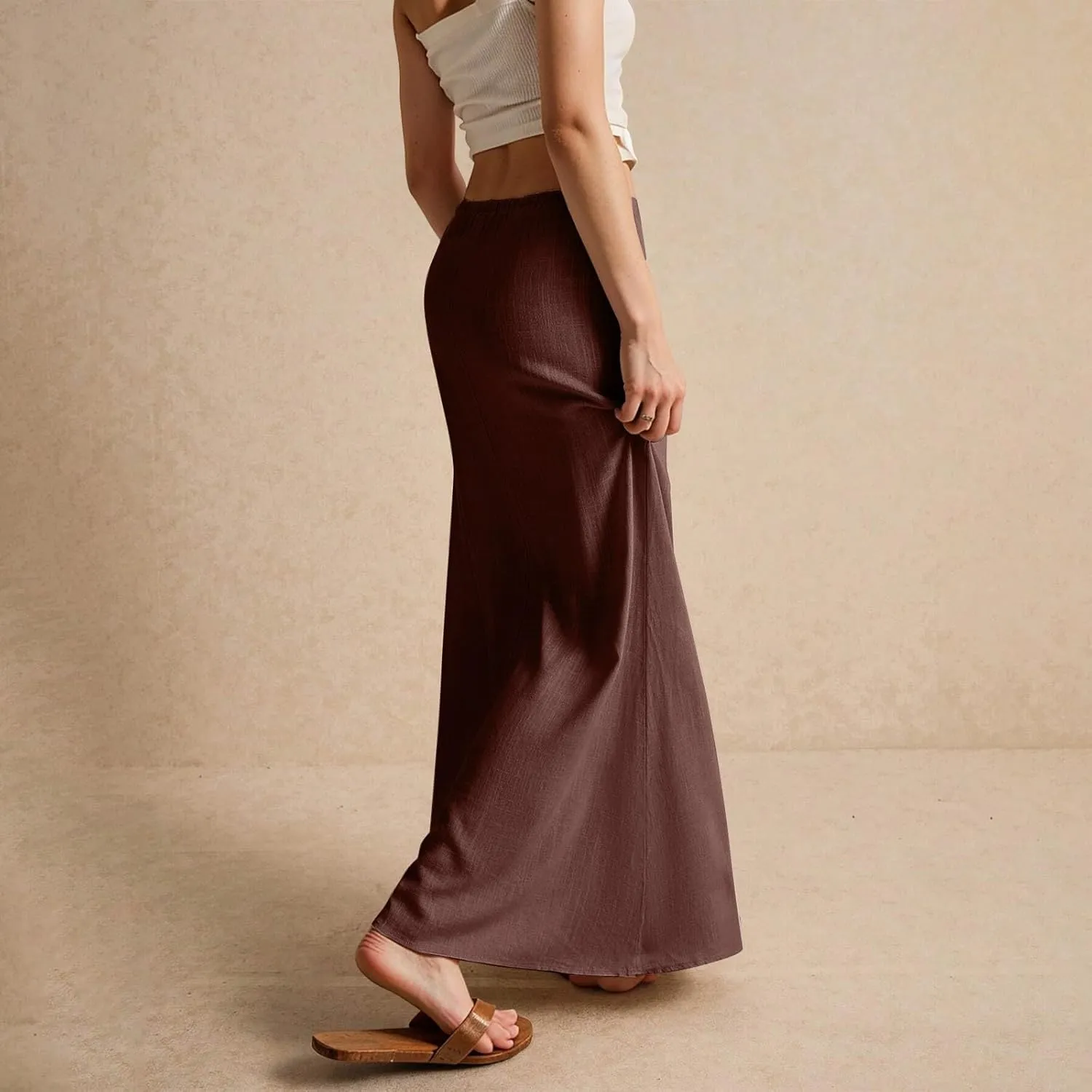 Linen Maxi Skirts for Women Trendy Summer Casual Low Waisted Drawstring A Line Skirt Boho Long Flowy Skirts