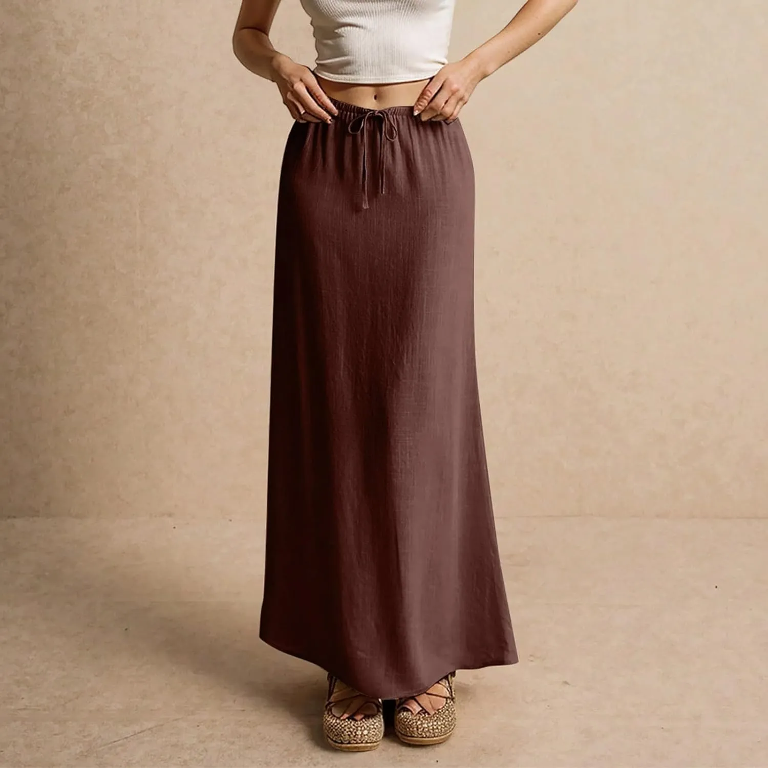 Linen Maxi Skirts for Women Trendy Summer Casual Low Waisted Drawstring A Line Skirt Boho Long Flowy Skirts