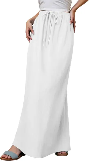 Linen Maxi Skirts for Women Trendy Summer Comfy Drawstring A Line Skirts Casual Beach Vacation Boho Flowy Long Skirts