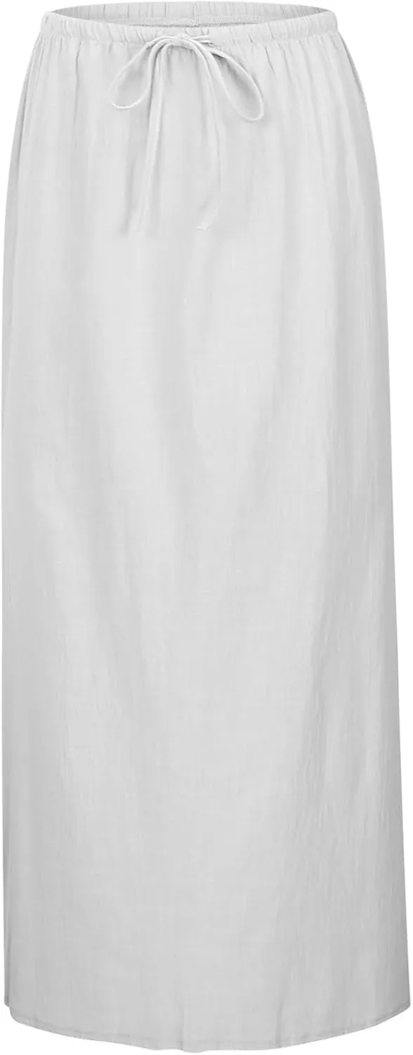 Linen Maxi Skirts for Women Trendy Summer Comfy Drawstring A Line Skirts Casual Beach Vacation Boho Flowy Long Skirts