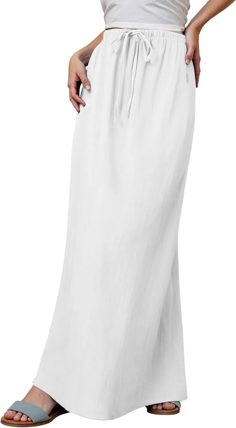Linen Maxi Skirts for Women Trendy Summer Comfy Drawstring A Line Skirts Casual Beach Vacation Boho Flowy Long Skirts