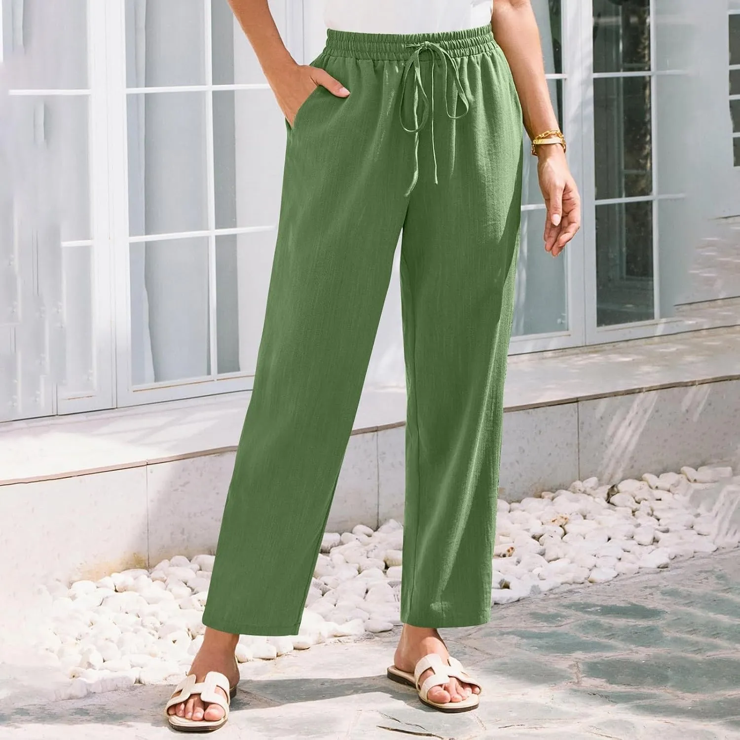 Linen Pants Women Casual Wide Leg Elastic Drawstring Pants Women Comfy Lounge Summer Beach Trousers with Pockets