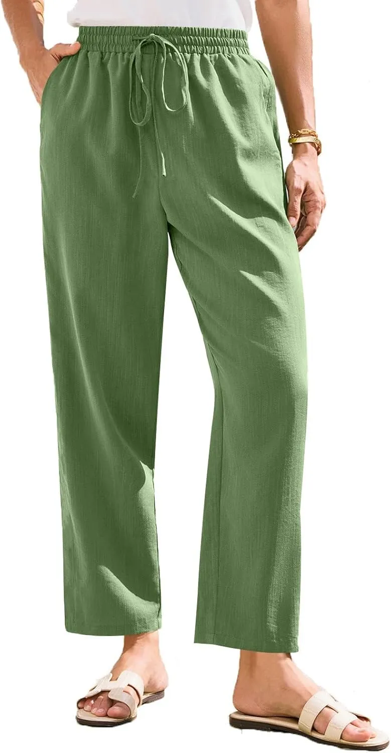 Linen Pants Women Casual Wide Leg Elastic Drawstring Pants Women Comfy Lounge Summer Beach Trousers with Pockets