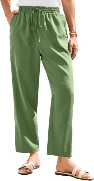 Linen Pants Women Casual Wide Leg Elastic Drawstring Pants Women Comfy Lounge Summer Beach Trousers with Pockets