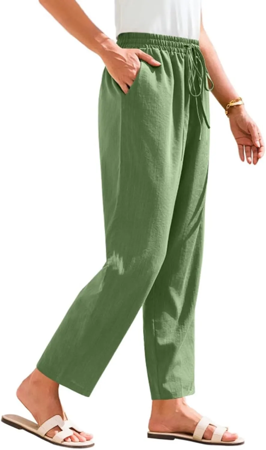 Linen Pants Women Casual Wide Leg Elastic Drawstring Pants Women Comfy Lounge Summer Beach Trousers with Pockets