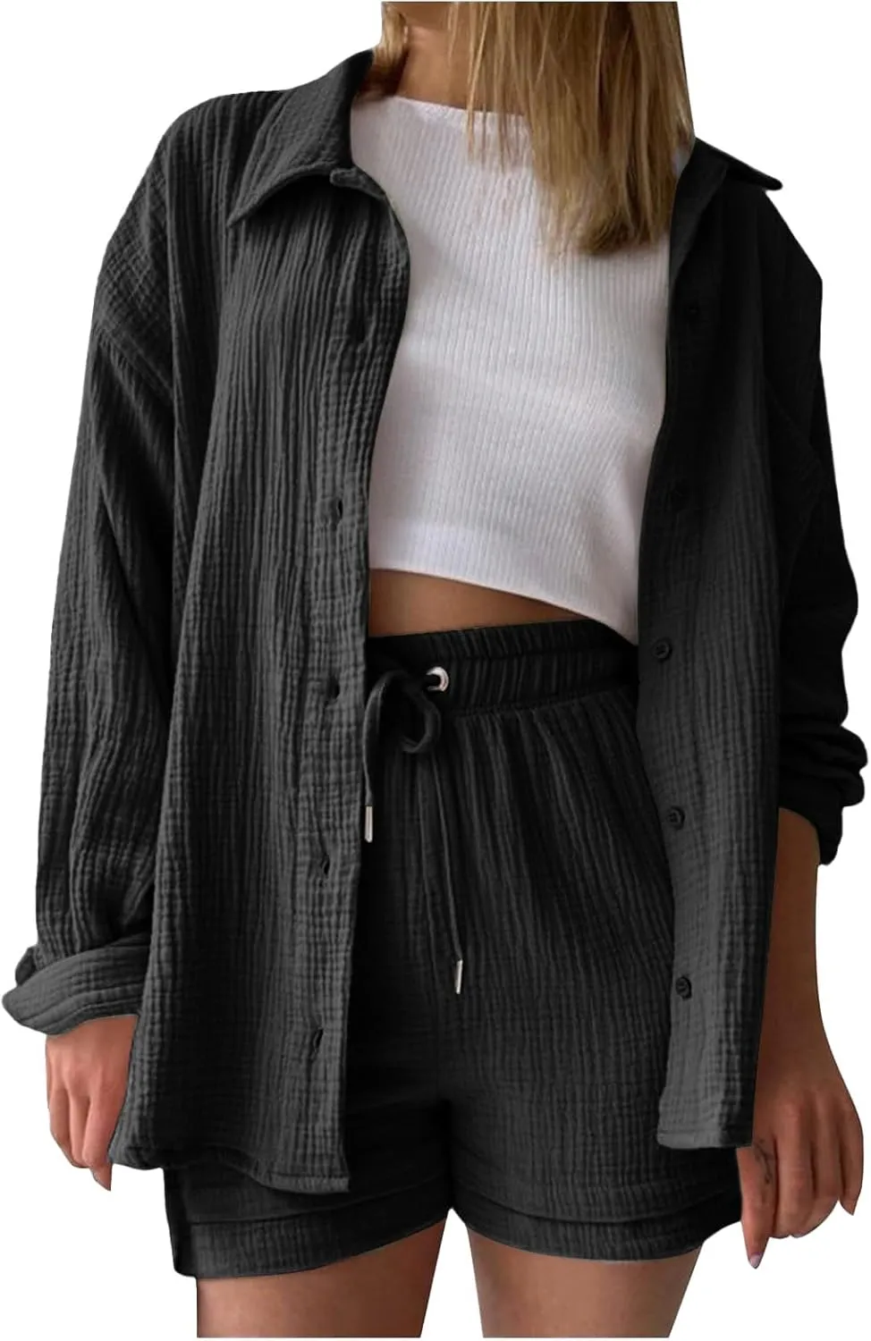 Linen Sets for Women 2 Piece Button Down Long Sleeve Shirts and Drawstring Shorts Set Matching Summer Lounge Sets