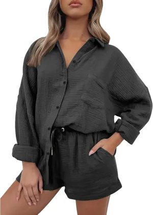 Linen Sets for Women 2 Piece Button Down Long Sleeve Shirts and Drawstring Shorts Set Matching Summer Lounge Sets