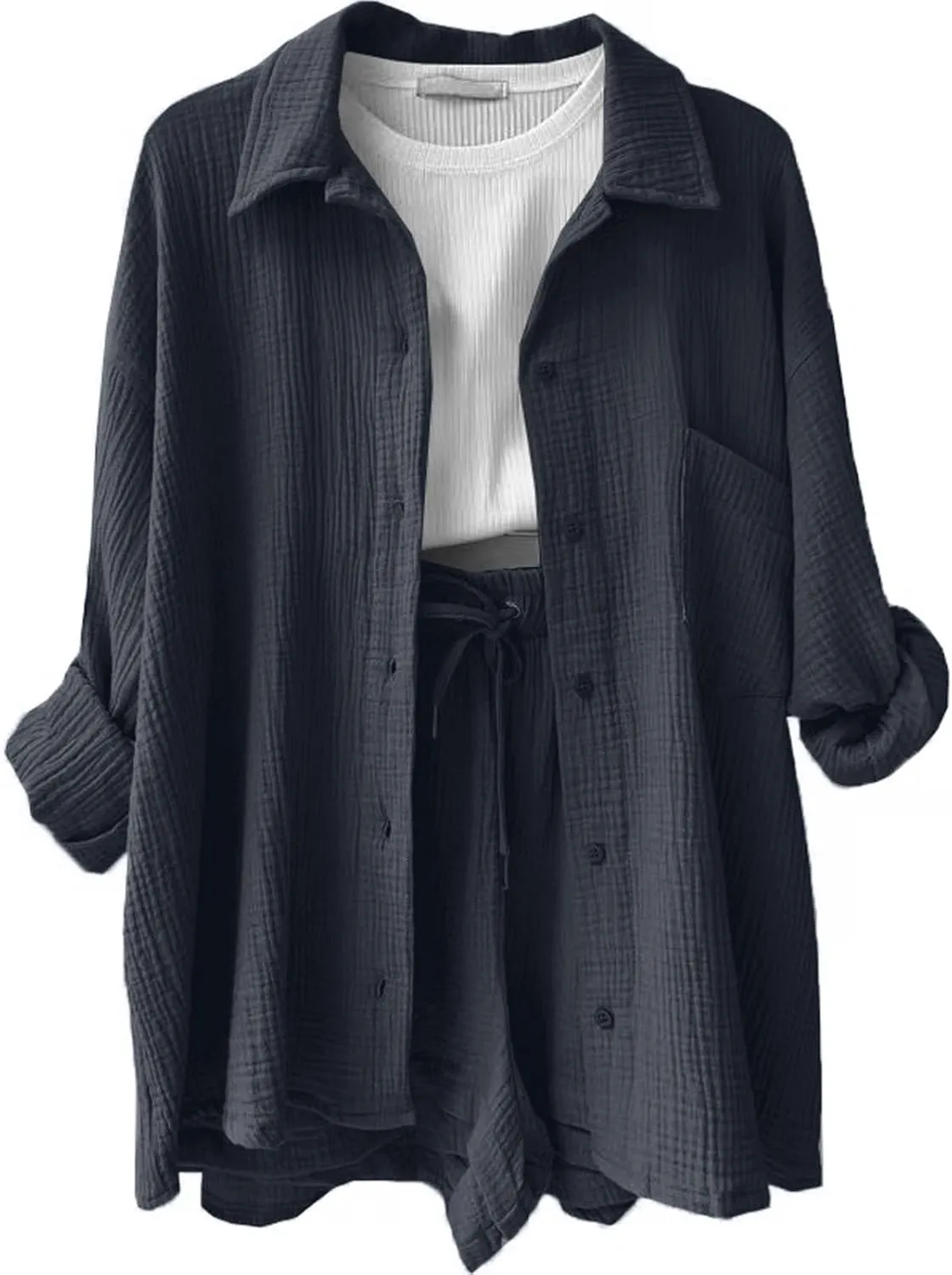 Linen Sets for Women 2 Piece Button Down Long Sleeve Shirts and Drawstring Shorts Set Matching Summer Lounge Sets