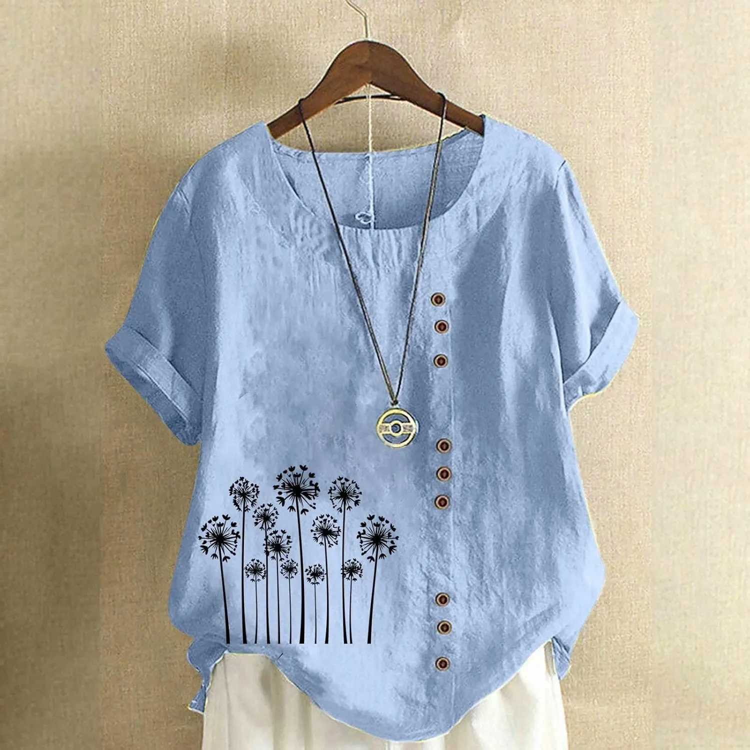Linen Shirt for Women Breathable Tops Boho Floral Short Sleeve Blouse Oversized Loose Ladies Tunic Tops Short Sleeve