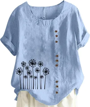 Linen Shirt for Women Breathable Tops Boho Floral Short Sleeve Blouse Oversized Loose Ladies Tunic Tops Short Sleeve