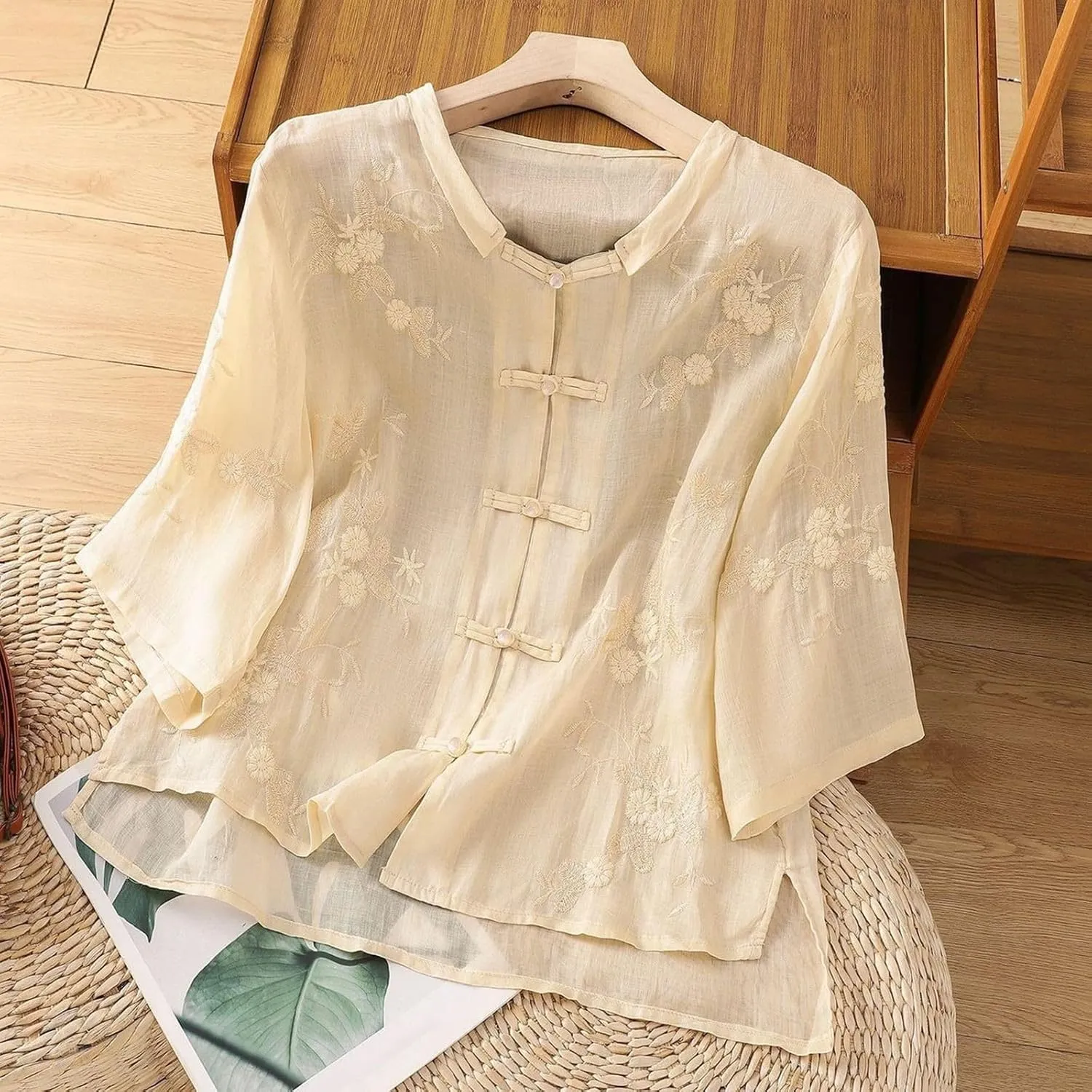 Linen Shirts for Women Crewneck Embroidery Blouse Boho Trendy Tops Short Sleeve Loose Fit Tunic Tops