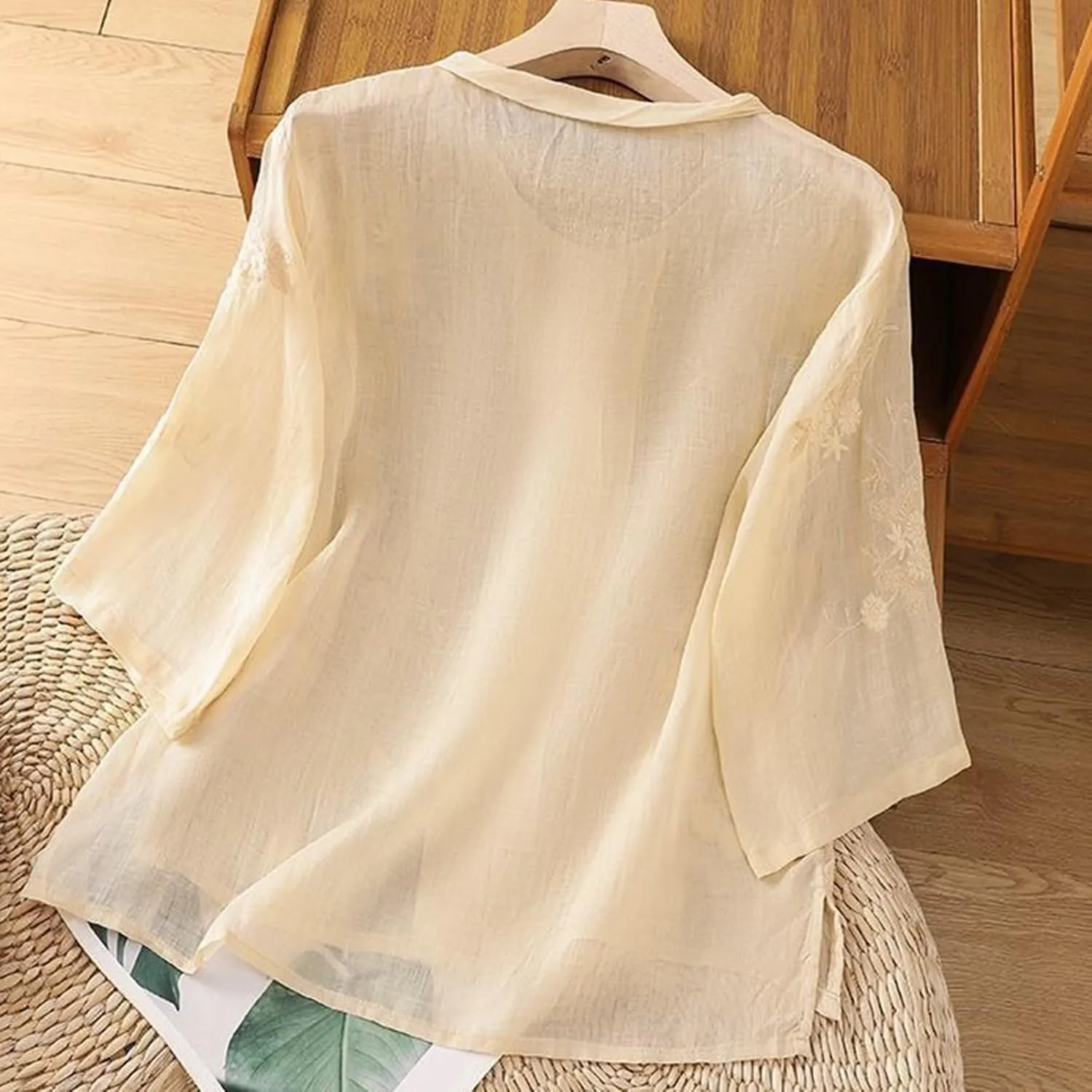 Linen Shirts for Women Crewneck Embroidery Blouse Boho Trendy Tops Short Sleeve Loose Fit Tunic Tops